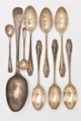 A SELECTION OF SILVER SPOONS, to include a desert spoon, a set of six teaspoons, together with two