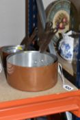 VINTAGE COPPER PANS, a set of five vintage graduating copper lined sauce pans, featuring iron