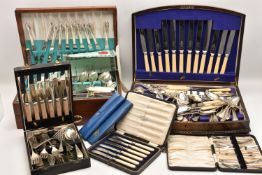 TWO WOODEN CANTEENS AND THREE BOXED SETS OF CUTLERY, both wooden canteens are filled with mixed