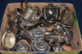 A BOX OF ASSORTED WHITE METAL AND SILVER PLATED TEAPOTS, COFFEE POTS, SUGAR BOWLS AND MILK JUGS, (