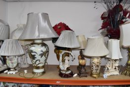 A GROUP OF LARGE DECORATIVE LAMPS to include a Belleek floral lamp, height 50cm, a Capodimonte