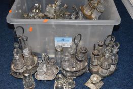 A PLASTIC BOX OF ASSORTED WHITE METAL AND GLASS CRUET SETS, (condition report: used with wear and