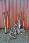 A COLLECTION OF GARDEN TOOLS including two Acro props (very rusty)a vintage furrow (broken