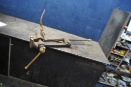 A VINTAGE LEG VICE with 6in jaws, total height 103cm Condition Report; rusty and may need