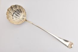 A GEORGE III SILVER LADLE, Hanoverian pattern with shell shape bowl, engraved crest to the reverse