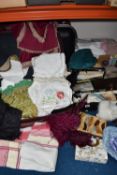 TWO BOXES AND CASES OF VINTAGE WOMEN'S ACCESSORIES AND LINEN to include a selection of gloves, a