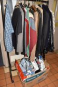 TWO BOXES AND LOOSE MEN'S CLOTHES AND ACCESSORIES, to include knitwear, shirts, trousers, jackets,