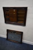 A MODERN STAINED WOOD BEVELLED EDGE RECTANGULAR WALL MIRROR, 108cm x 77cm, along with another mirror