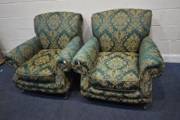 A PAIR OF KIRKDALE GREEN AND FOLIATE UPHOLSTERED ARMCHAIRS, raised on turned front legs, with
