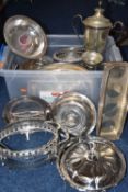 A BOX OF ASSORTED SILVER PLATE AND WHITE METAL WARE, to include a large punch bowl, a white metal