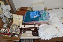 FOUR BOXES AND LOOSE VINTAGE SEWING SUPPLIES AND EQUIPMENT to include a vintage Alfa sewing