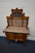 AN EDWARDIAN SATINWOOD MARBLE TOP WASH STAND, with a bevelled mirror, a raised marble back, atop a
