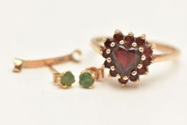 A 9CT GOLD GARNET CLUSTER RING AND A PAIR OF STUD EARRINGS, the heart shape cluster claw set with
