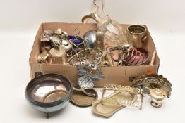 A BOX OF ASSORTED WHITE METAL, to include a glass claret jug, a milk jug and sugar bowl with red