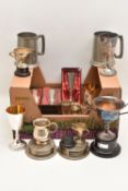 A BOX OF ASSORTED ITEMS, to include various trophy cups some with plinths, pewter tankards, white