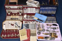TWO BOXES OF ASSORTED WHITE METAL WARE AND CUTLERY, to include a box of assorted canteens (some