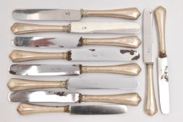AN ASSORTMENT OF KNIVES, fitted with polished silver plated handles with engraved initials,