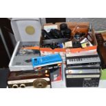 ONE BOX AND LOOSE CAMERAS, RADIOS ETC to include a Rollei P37 slide projector, a boxed set of