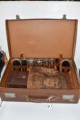 A VINTAGE TRAVEL CASE AND ACCESSORIES comprising a travelling case with a vanity kit to include