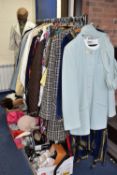 A QUANTITY OF VINTAGE CLOTHES AND ACCESSORIES, to include ladies' coats, jackets, dresses, knitwear,