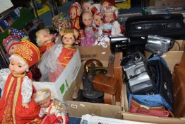 FOUR BOXES AND LOOSE MIXED MISCELLANEOUS ITEMS to include two boxes of folk dolls in various eastern