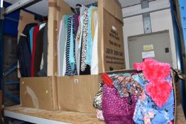 FOUR BOXES OF CLOTHES AND ACCESSORIES, mainly ladies' items to include jackets, knitwear, tops,