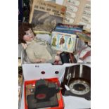 TWO BOXES, A TRAY, AND LOOSE MISCELLANEOUS ITEMS to include a Bakelite cased Smiths Enfield mantel