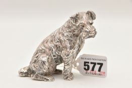 AN ELIZABETH II SILVER MODEL OF A TERRIOR DOG, realistically textured, hallmarked 'S M D Castings'