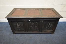 A GEORGIAN OAK COFFER, the three front panels with carved details, width 110cm x depth 55cm x height