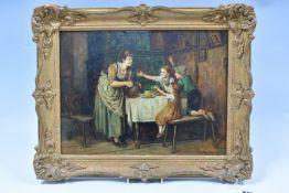 AN INDISTINCTLY SIGNED CONTINENTAL INTERIOR SCENE WITH MOTHER AND CHILDREN, a mother is preparing to