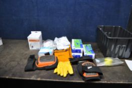A TRAY CONTAINING ITEMS OF PPE including two full and one partial boxes of XL Nitrile gloves, a pair