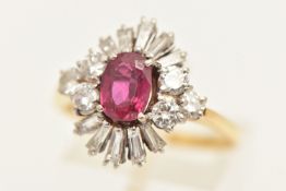 AN 18CT GOLD RUBY AND DIAMOND CLUSTER DRESS RING, ruby measuring approximately 7.6mm x 5.6mm x 3.