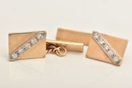 A PAIR OF 9CT GOLD DIAMOND CHAIN LINK CUFFLINKS, each designed as a rectangular panel set with a row