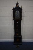 AN EARLY 20TH CENTURY OAK CASED 8 DAY LONGCASE CLOCK, with three finials, the arched glass door