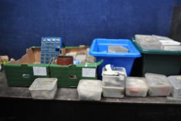FOUR TRAYS CONTAINING WORKSHOP HARDWARE including 32 drawer caddys (one missing) with electrical
