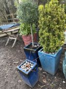 THREE SQUARE TAPERED BLUE GLAZED CERAMIC PLANTERS the biggest two being 60cm high Condition
