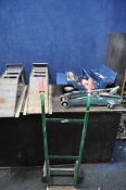 A METAL TOOLBOX, TOOLS AND RAMPS including a Halfords trolley jack, vintage ramps, mallets, needle