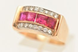 A YELLOW METAL RUBY AND DIAMOND RING, four square cut rubies and round brilliant cut diamond