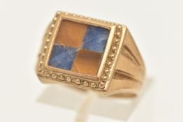 A 9CT GOLD SIGNET RING, set with lapis lazuli and tigers eye inlays, hallmarked 9ct London, ring
