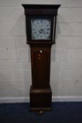 A GEORGIAN OAK CASED LONGCASE CLOCK, the box hood enclosing a 12 inch enamel dial, depicting Roman