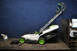 A G TECH CLM50 CORDLESS LAWN MOWER with one battery and charger but missing lock knob from top of