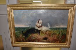 J. LANGLOIS (C1855-1904) TERRIERS ON THE TRAIL, black and white dogs are waiting at the entrance