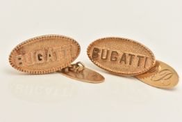 A PAIR OF 9CT GOLD 'BUGATTI' CHAIN LINK CUFFLINKS, each of an oval form inscribed 'Bugatti',