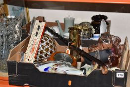 TWO BOXES AND LOOSE MISCELLANEOUS ITEMS to include a miners lamp, five Caithness glass paperweights,