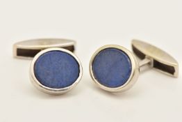 A PAIR OF 9CT WHITE GOLD LAPIS LAZULI CUFFLINKS, each of an oval design set with a polished lapis