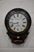 A 19TH CENTURY SINGLE FUSE ROSEWOOD DROP DIAL WALL CLOCK, the circular glass door enclosing a 12