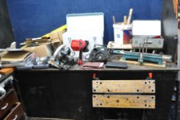 A COLLECTION OF TOOLS including a Dremel multi, a Power Base and a Black and Decker circular saws, a