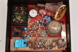 A BOX OF SILVER AND OTHER ASSORTED ITEMS, to include a silver bookmark, a silver lidded glass jar, a