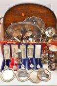 A BOX OF ASSORTED WHITE METAL WARE AND ITEMS, to include a large oval twin handled tray, smaller