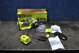 A RYOBI RY18PS15A CORDLESS PRUNING SAW with on battery, charger, paperwork, oil and original box (